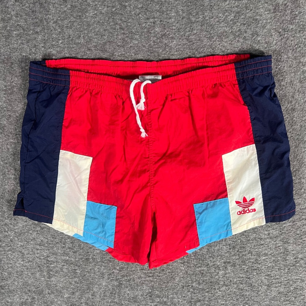 Vintage 80s Adidas Trefoil Sprinter Runner Shorts Colorblock Red Navy Nylon Lrg